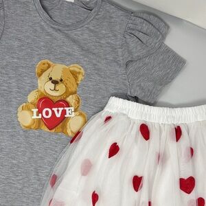 Gray Teddy Bear Love T-Shirt and Heart Tulle Skirt Set
